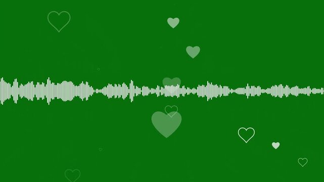 Audio visualizer animation, white waveform spectrum line, Digital frequency equalizer sound signal visualization on green background, heart particle ideal for music visualizations 4k