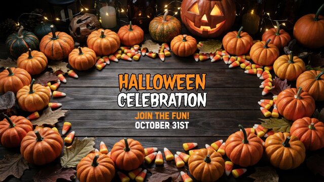 Halloween celebration frame with pumpkins and candy corn on wood