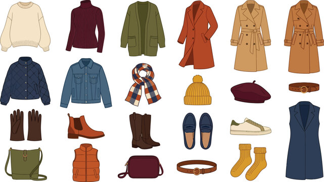 Autumn fashion collection vector illustration with seasonal apparel and accessories on white background
