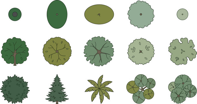 Collection of diverse flat lay tree icons in various green tones and shapes for architectural design