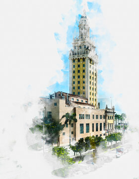 Watercolor painting illustration of View of downtown Miami