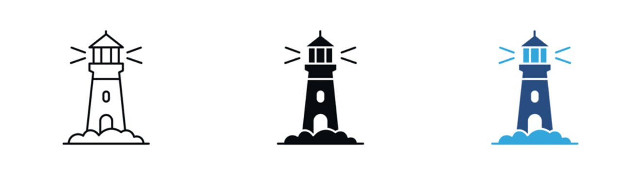 Lighthouse Icon Set, Navigation, Coastal, Maritime, Beacon, Guidance Icons, Vector Illustration.