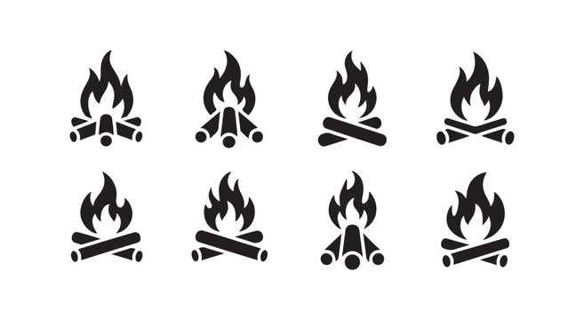 Minimalist black campfire icons on transparent background for camping adventure signage and outdoor recreation designs.