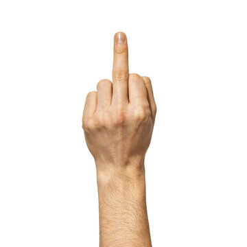 Human hand showing the middle finger gesture against a plain white background, isolated on a, transparent background