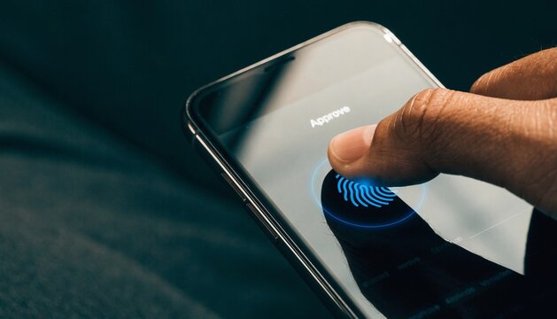 High-angle close-up of a hand approving a biometric transaction on a smartphone, soft blue light emitting from the fingerprint scanner icon on the glass screen.  
