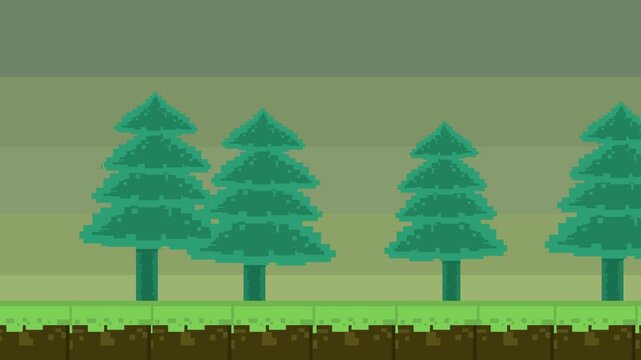 Pixel art style forest background animation of an old retro game featuring pine trees under a dark green misty sky, vintage, atmosphere, retro.