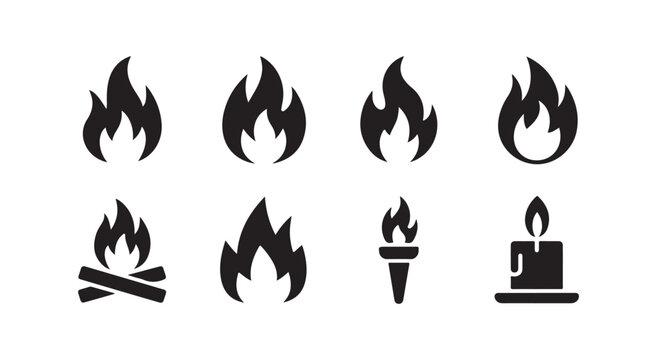Black fire icons set isolated on transparent background including campfire, torch and candle symbols.