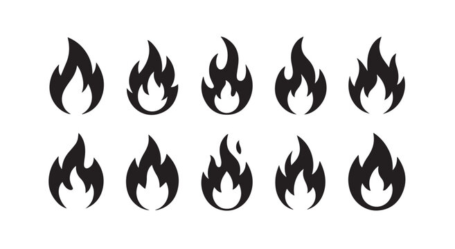 Black flame icons set isolated on transparent background for fire and burn concepts.