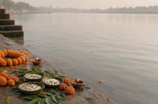 Traditional hindu ritual offerings including rice oil lamps and marigolds during the pitru paksha period