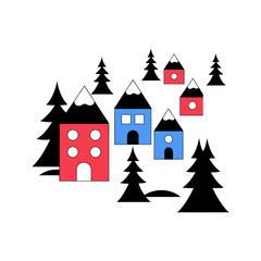 Fototapeta premium Winter village with houses and pine trees illustration