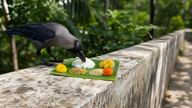 Crow eating food offering on banana leaf during pitru paksha