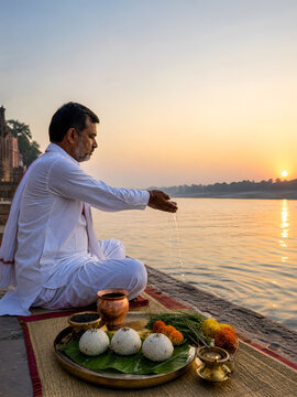 Indian man performing pitru paksha tarpan ritual at holy riverbank