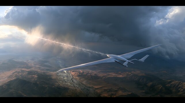 1058. A realistic photo of a massive cloud-seeding drone flying over a drought-stricken valley. Fine water-vapor trial dispersing into the atmosphere, dramatic rain clouds forming, wide-angle 
