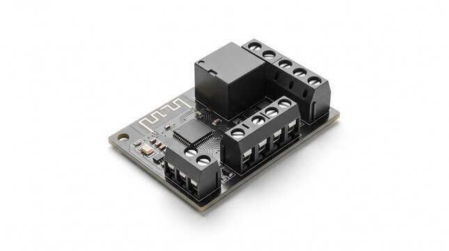 Electronic relay module for smart home automation, wireless Wi-Fi control board with terminal blocks, IoT hardware component on white