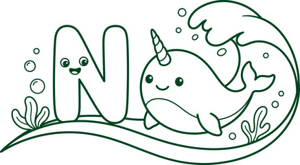 Letter N for narwhal, alphabet coloring book page, kindergarten educational learning vector © MDSHARIFUL