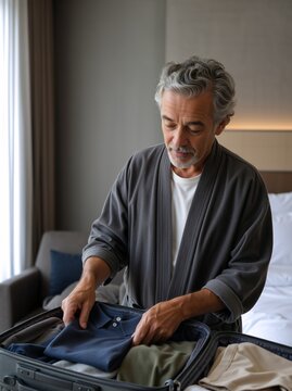 Mature man packing clothes into a suitcase in a hotel room. Senior male traveler in a bathrobe preparing luggage for a business trip or vacation