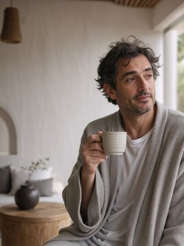 Mature man in bathrobe holding coffee mug. Handsome middle aged male relaxing at home or luxury spa resort in the morning