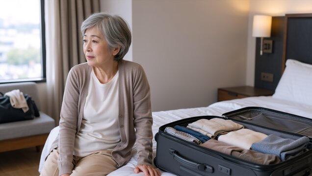 Senior Asian woman sitting on hotel bed next to packed suitcase. Mature female traveler looking out window in bedroom. Retirement travel concept