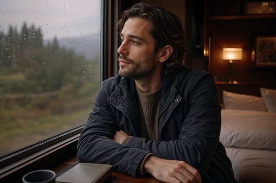 Thoughtful man looking out a rain-streaked window on a train. Male passenger relaxing in a cozy cabin during a scenic journey