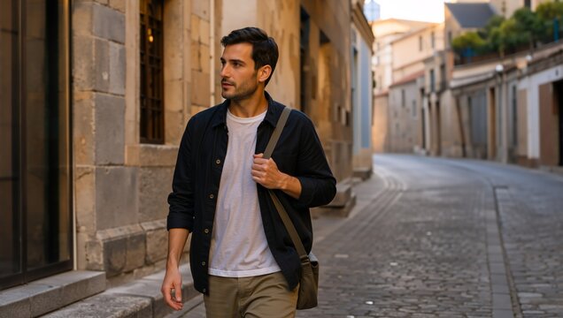 Handsome man walking down a narrow paved street in an old town. Male tourist exploring a historic city with a messenger bag
