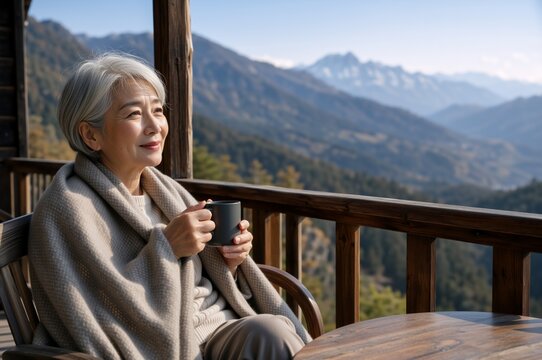 Senior Asian woman wrapped in a blanket drinking coffee on a mountain balcony. Happy elderly female enjoying a scenic landscape view. Retirement and vacation lifestyle concept