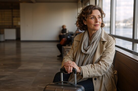 Mature woman waiting with luggage at an airport terminal. Female traveler looking out the window before departure