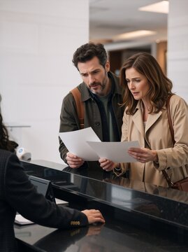 Concerned couple reviewing documents at a reception desk. Man and woman reading papers with a serious expression. Customer service and check in concept