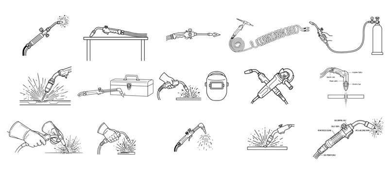 Minimalist Line Art Welding Torch Vector Icon Set On PNG Background, soldering iron, line art, minimalist icon, electronics tool, control unit, schematic drawing, vector icon, 