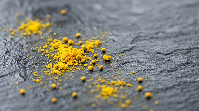 Macro yellow pollen dust scattered on dark slate background  