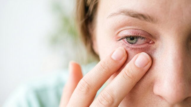 Woman gently touching irritated watery eye with fingers  