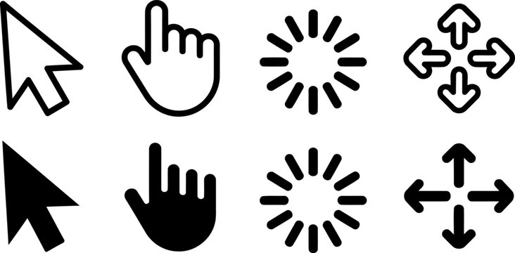Set of eight computer cursor and loading icons including pointers, hand, and arrows in black and white style.