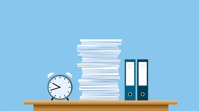 Flat vector illustration of a messy desk with a huge stack of white paper documents, a retro alarm clock, and office binders on blue background