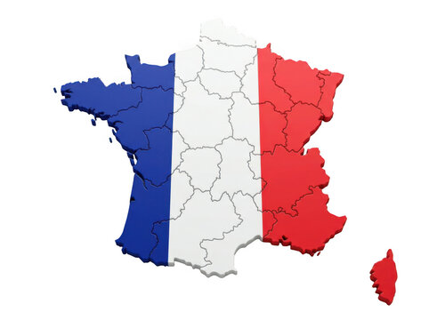 3d map of france with the national flag colors isolated on transparent background