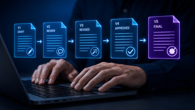 Digital workflow process with document stages and approval icons