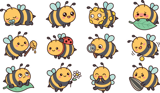 Cute honey bee vector character icon set with cartoon bumblebees sleeping flying holding honey flower leaf and different mascot emoji facial expressions