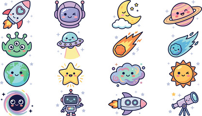 Cute space vector icon set with cartoon rocket ships friendly alien ufo planets astronaut moon sun and telescope for kids astronomy graphic design elements © MstMahimuna