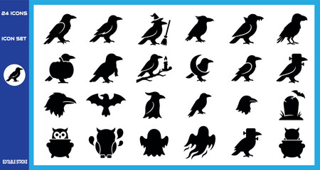Naklejka premium Halloween-Crow-And-Raven-Silhouette-Icon-Set-Vector-Collection-For-Spooky-Graphic-Design