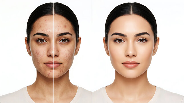 Woman comparing clear and acne-prone skin side by side
