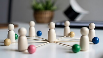 Obraz premium Wooden peg dolls connected by sticks to colorful spheres representing network communication and team collaboration in a modern office desk setting