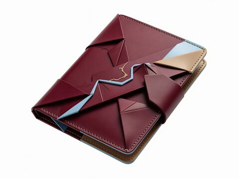 A unique passport sleeve with origami-like folded panels and a diagonal pull tab forming an abstract map contour