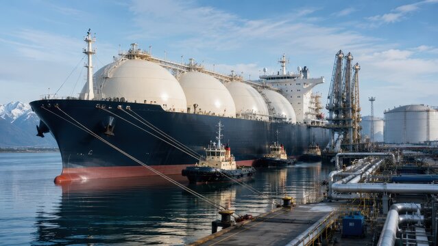 LNG Tanker at Liquefied Natural Gas Terminal with Storage Tanks and Tugboats