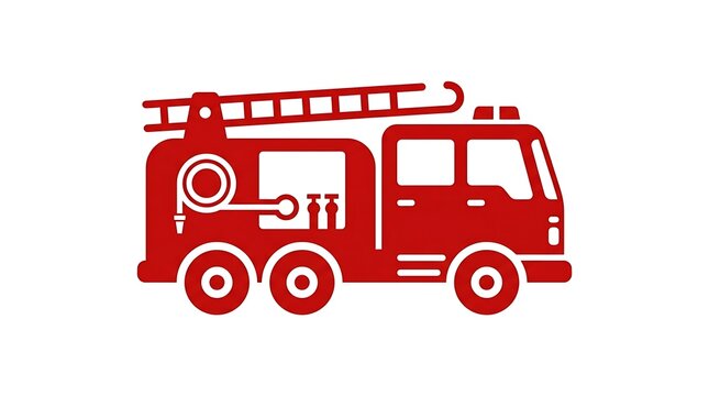 Red fire truck icon with ladder and hose, emergency vehicle vector illustration
