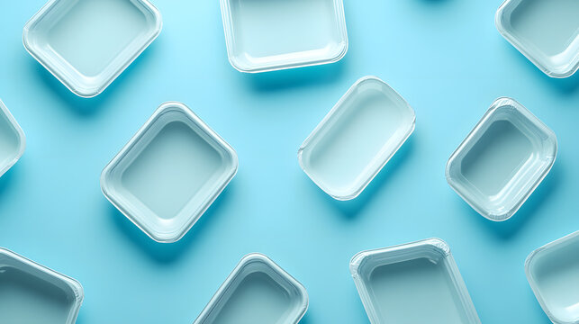 White plastic rectangular food containers arranged in scattered pattern on light blue background with containers placed loosely loosely organized spread spread against solid