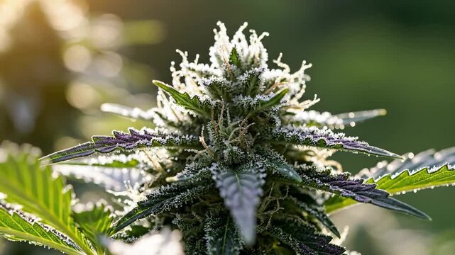 Close up of a maturing hemp plant with dense foliage and trichomes