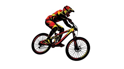 Fototapeta premium Mountain biker jumping on a trail bike, extreme sports athlete performing a stunt.