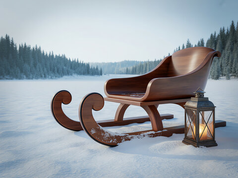 A beautiful vintage wooden sleigh sitting on a snowy landscape with a glowing lantern beside it in winter