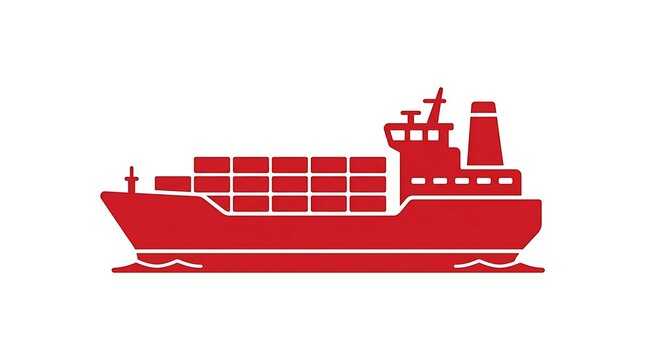 Red cargo container ship icon isolated on white background for logistics and shipping design.