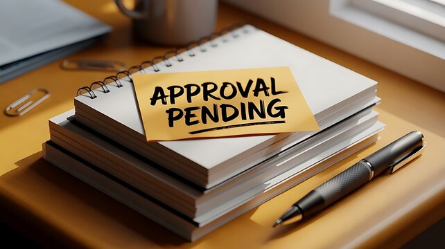 Yellow sticky note with the text approval pending on a stack of office notebooks with a pen on a wooden desk in a bright office environment