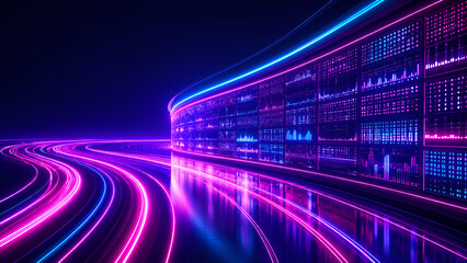 Fototapeta premium Abstract neon light trails curving around glowing server racks