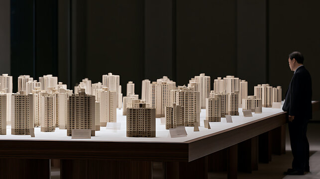 An architect inspects a detailed miniature city model of skyscrapers and modern residential buildings in a professional office exhibition space